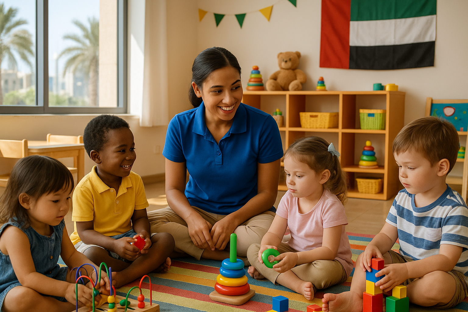 Childcare professionals in a Dubai nursery assisting children